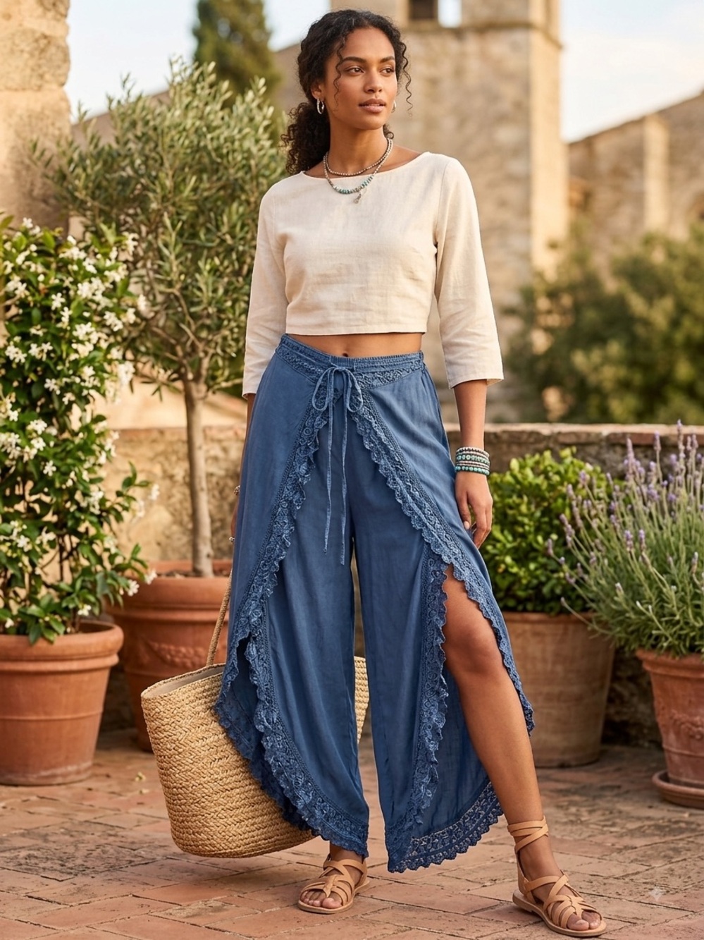 L.S.I. Embroidered Beaded Boho Harem Lace Front Wide Leg Culotte Pants 1X/2X